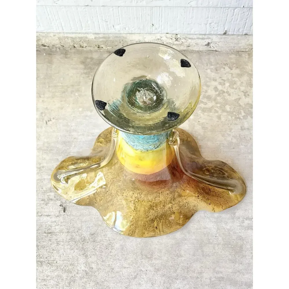 1970s Vintage Murano-Style Handblown Encased Flared Amber Teal Trumpet Vase 17”